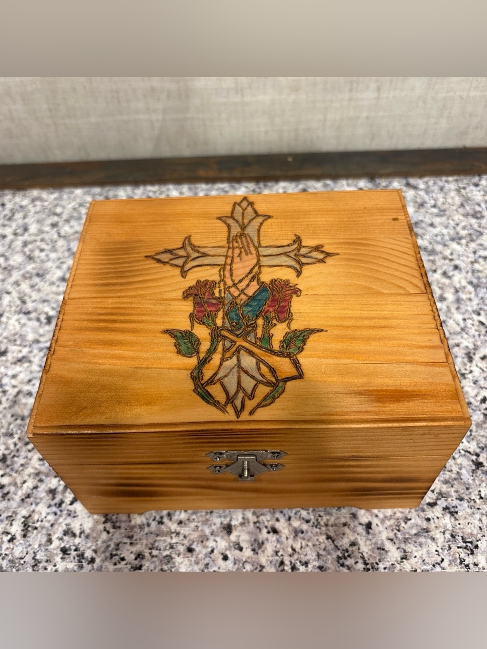 Wooden Keepsake Box With Cross And Praying Hands